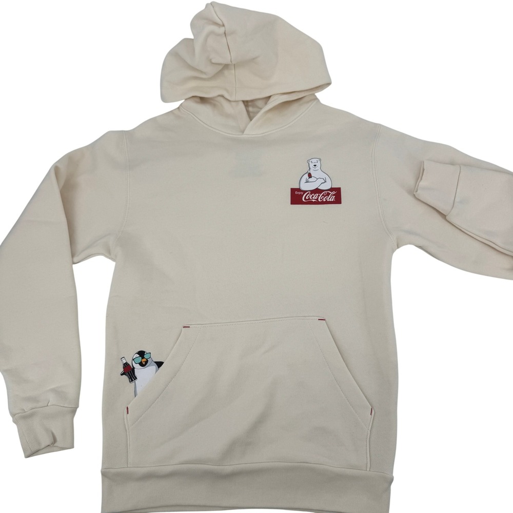 Coca-Cola Polar Bear Penguin Graphic Hoodie XS Unisex Cream Fleece Pullover